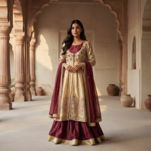 Royal Maroon and Gold Silk Gown Ensemble.